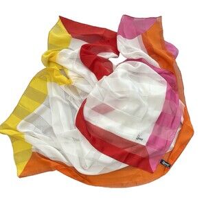 Large Sheer Scarf 53" Square White Striped Red Orange Yellow Border Honey Italy